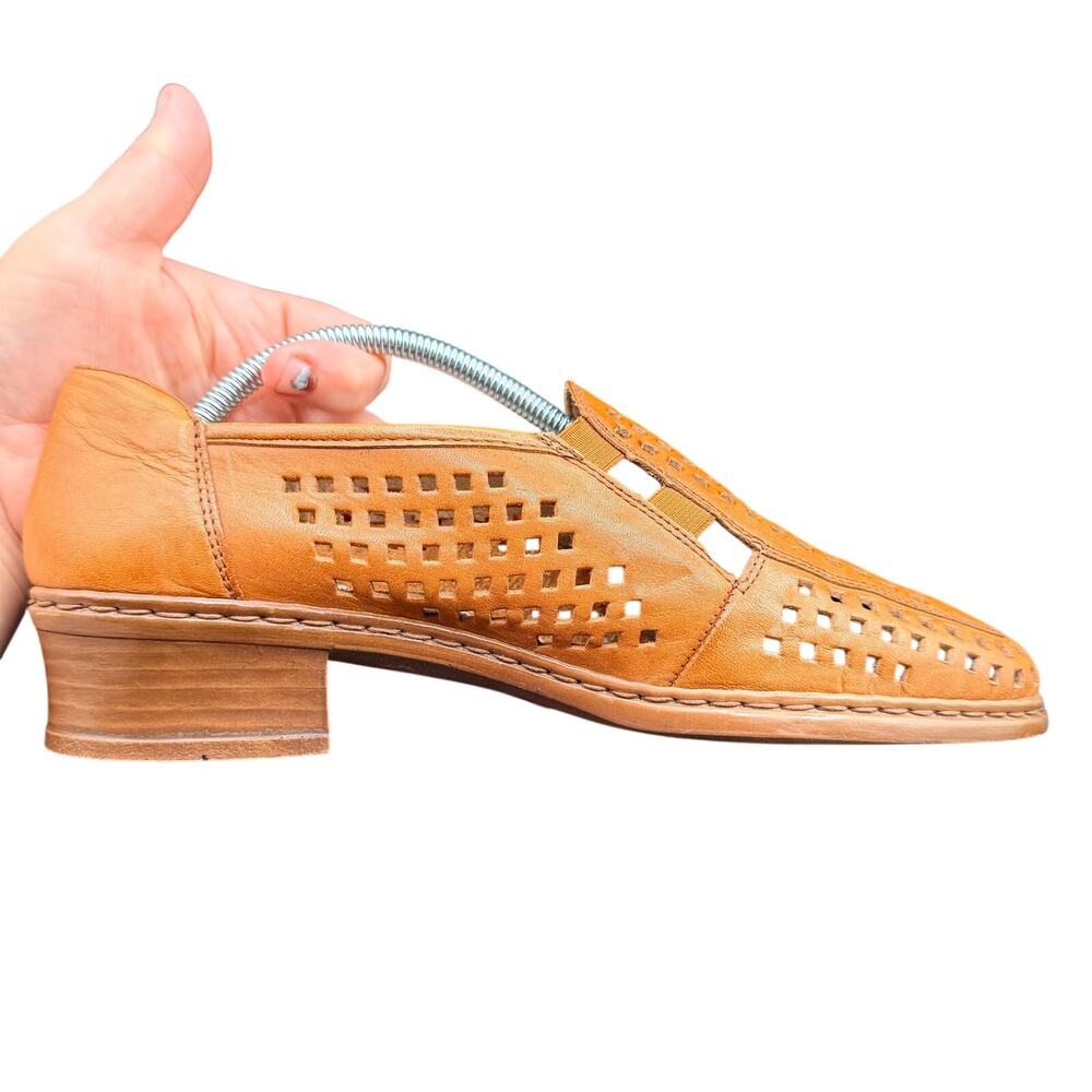 Rieker Leather Cutout Loafers Block Heel Cognac Brown Women’s 6.5 - Picture 10 of 13
